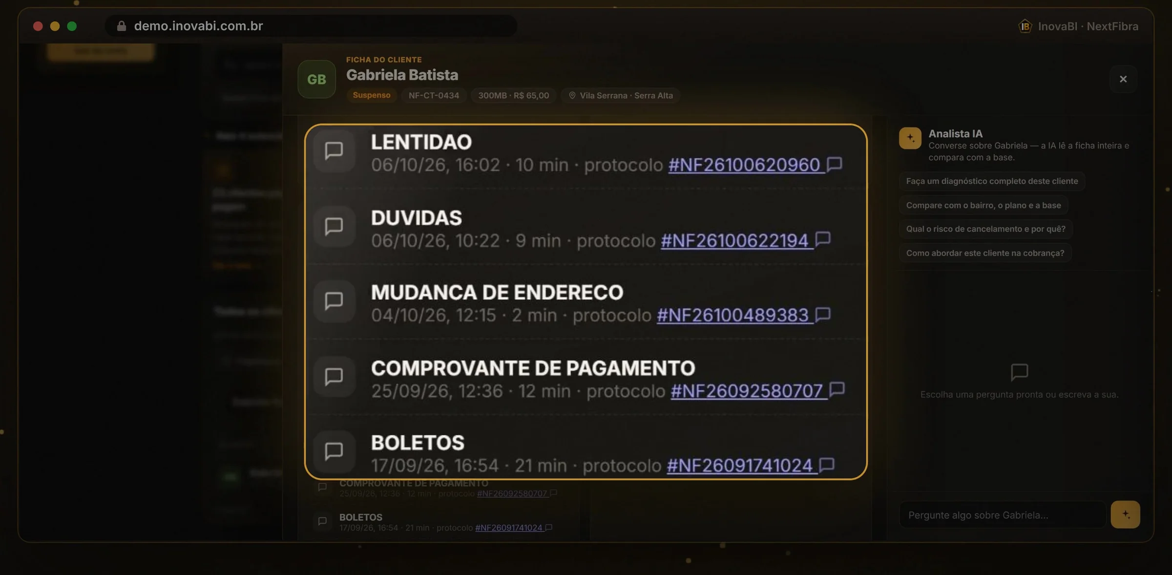 Lista de protocolos do cliente: lentidão, dúvidas, mudança de endereço, comprovante de pagamento e boletos, com data e duração